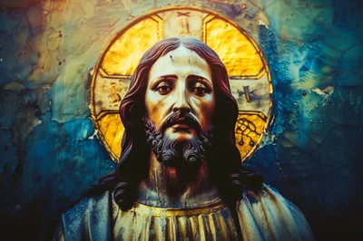 Close Up Statue Of Jesus Christ With Golden Halo