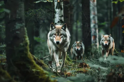 Three Gray Wolves Walking Through A Dense Forest