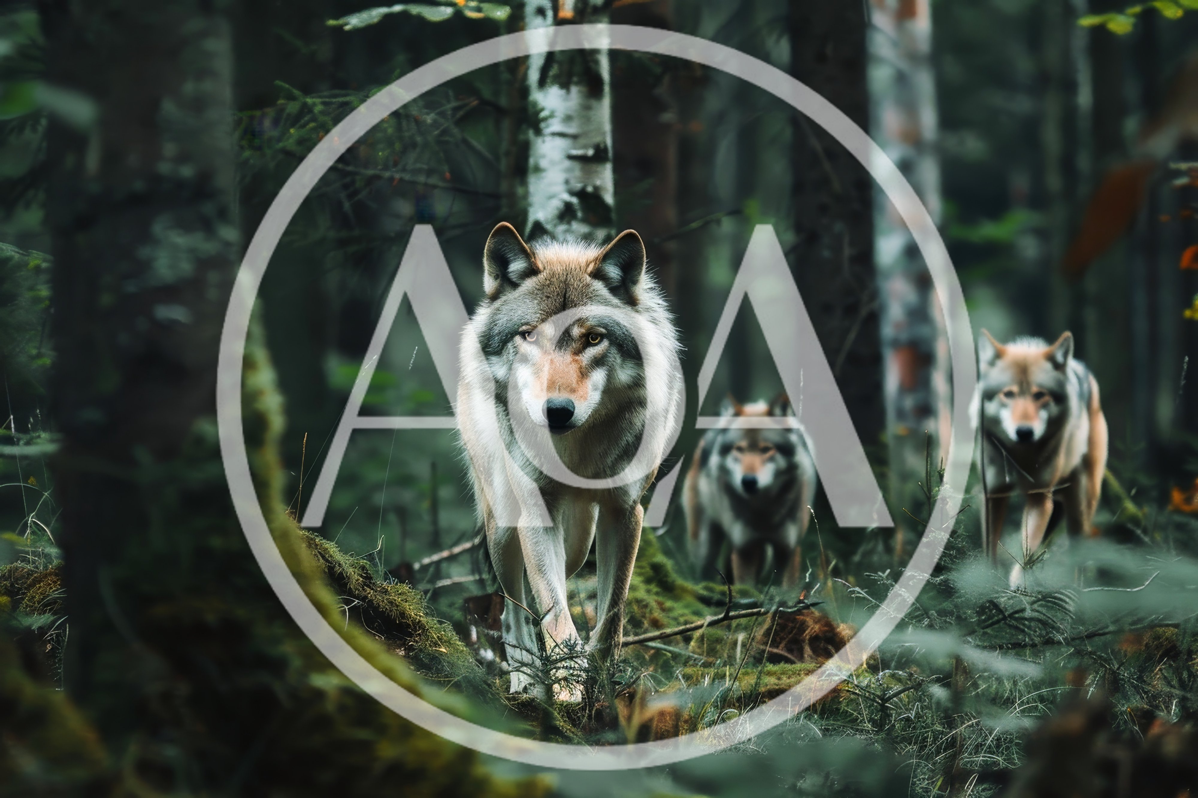 Three Gray Wolves Walking Through A Dense Forest