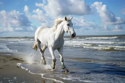 Majestic White Horse Galloping Along The Seashore