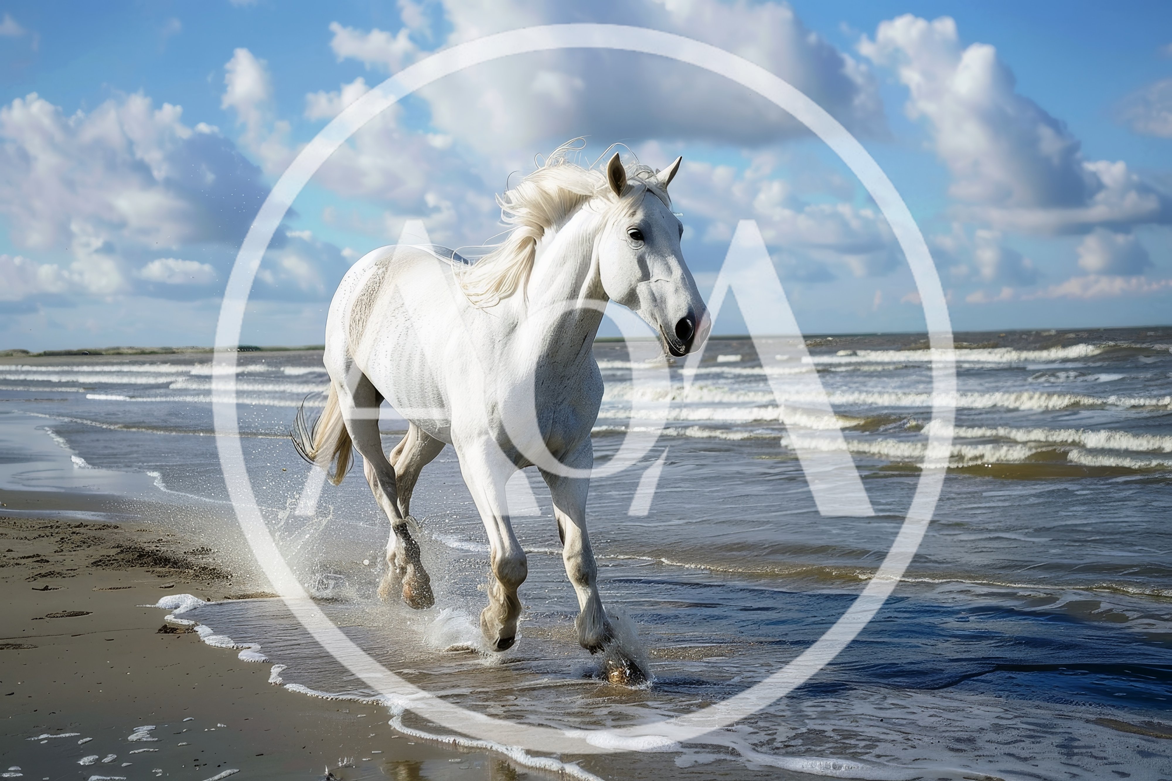 Majestic White Horse Galloping Along The Seashore