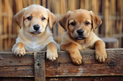 Two Adorable Golden Retriever Puppies In A Wooden Crate