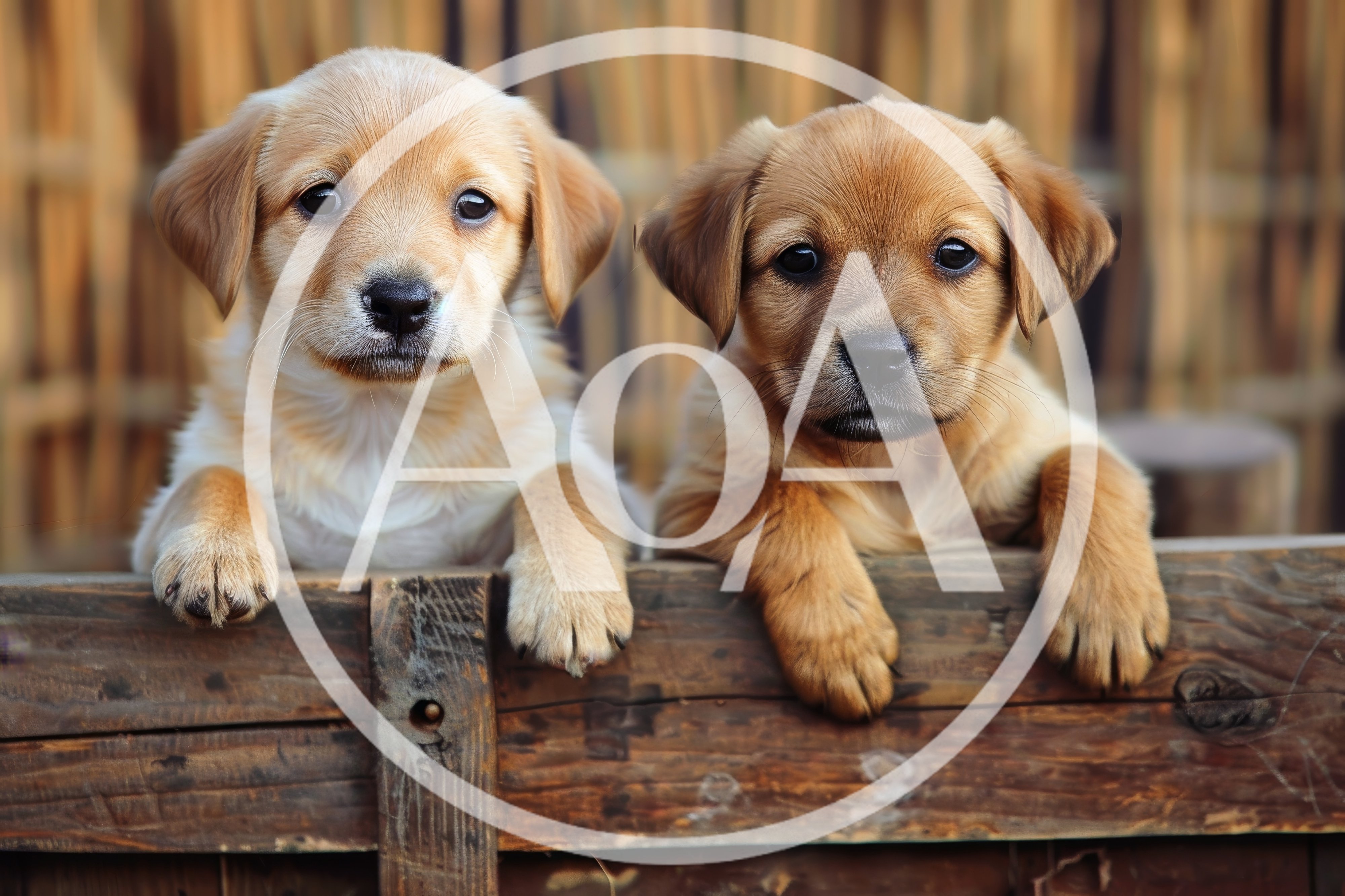 Two Adorable Golden Retriever Puppies In A Wooden Crate