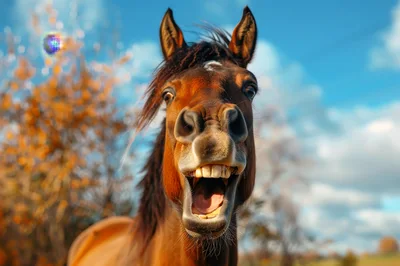 Funny Brown Horse With Mouth Open In Autumn Field