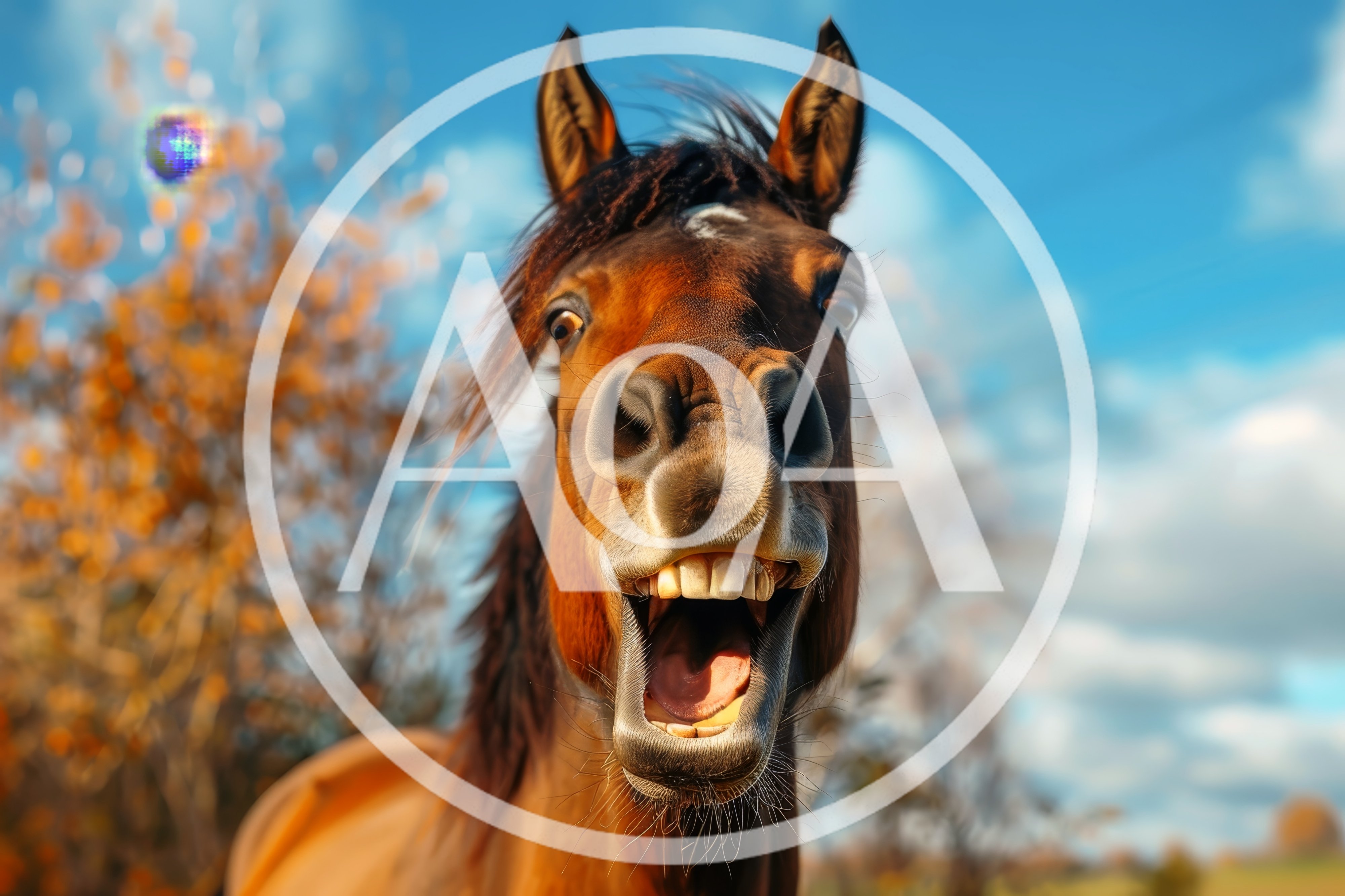 Funny Brown Horse With Mouth Open In Autumn Field