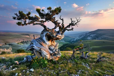 Ancient Twisted Pine Tree on Mountain Ridge at Sunset