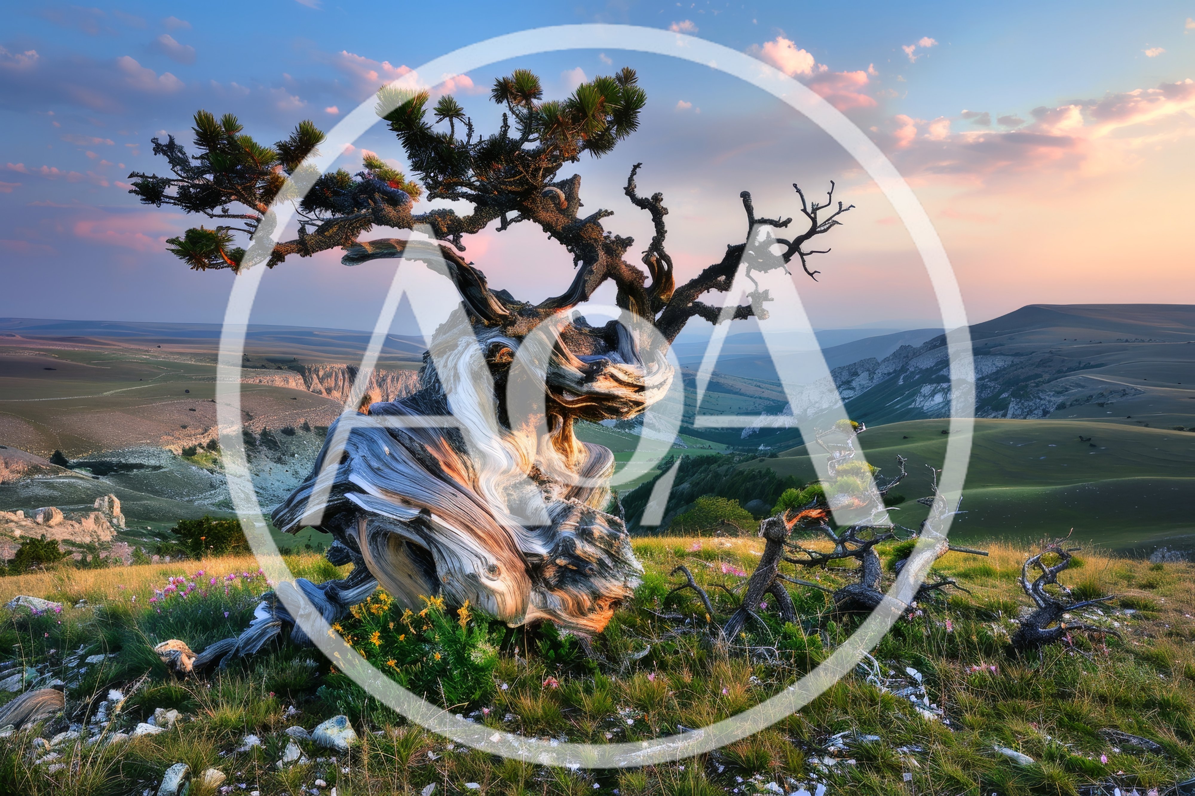 Ancient Twisted Pine Tree on Mountain Ridge at Sunset