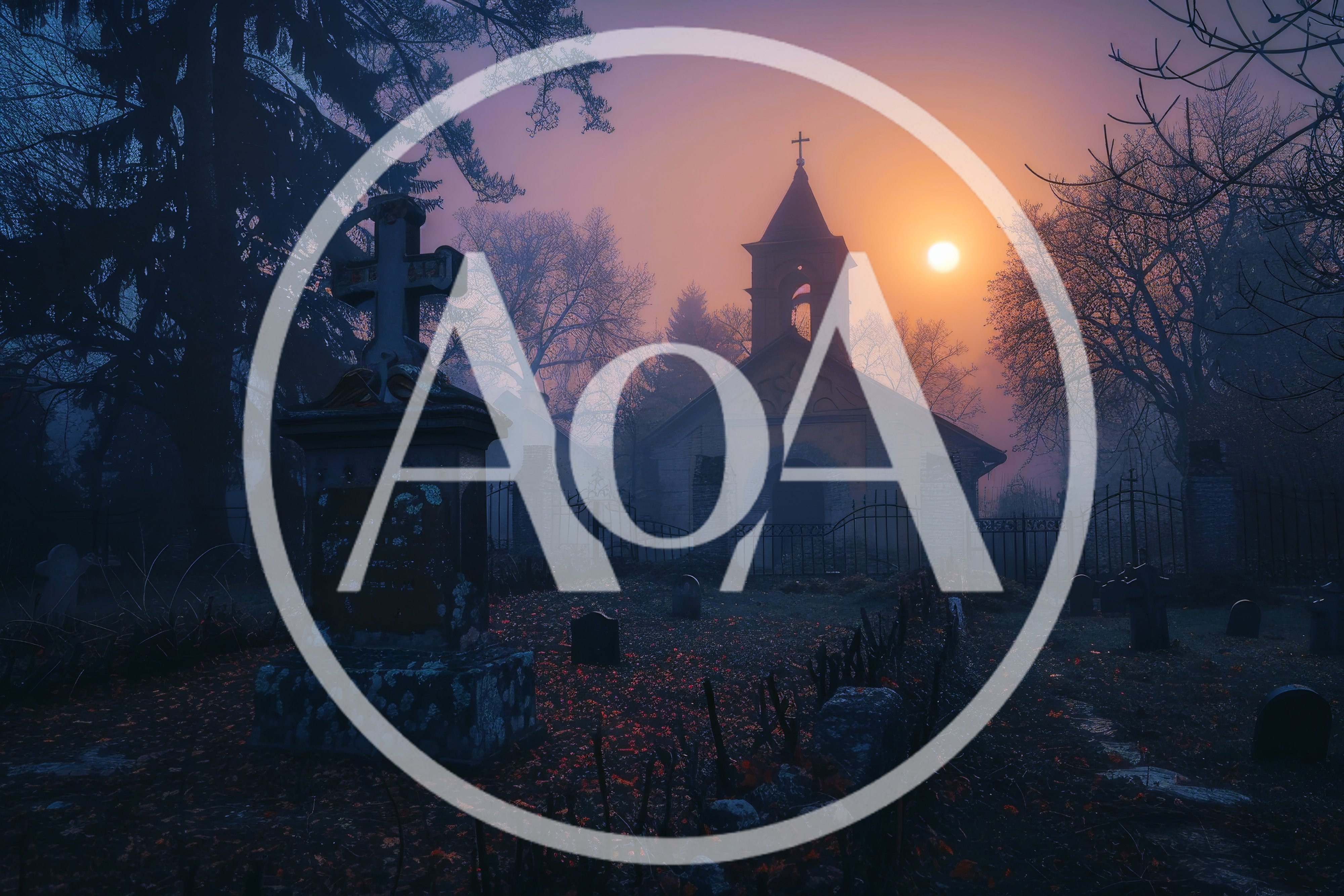 Eerie Cemetery With Old Church At Sunset