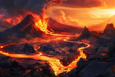 Volcanic Eruption With Molten Lava Flowing Down Mountain