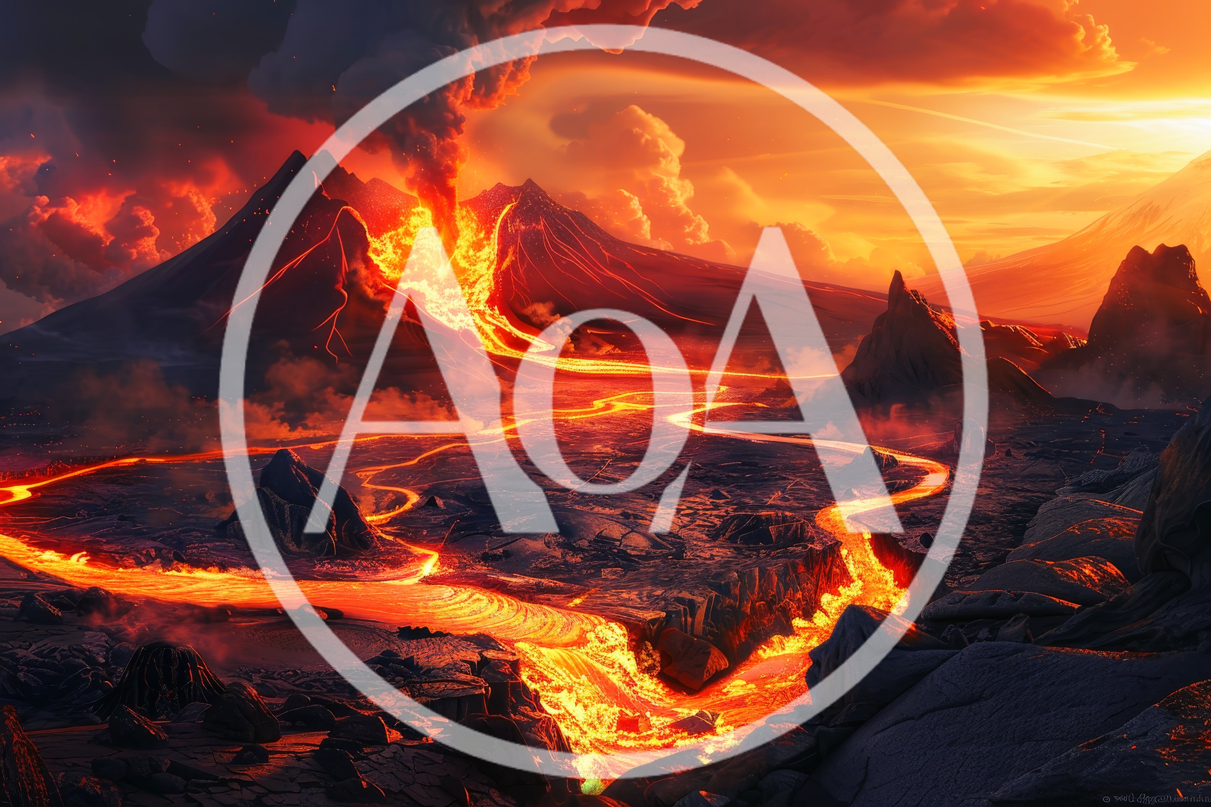 Volcanic Eruption With Molten Lava Flowing Down Mountain