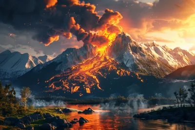 Volcanic Eruption Over Snowy Mountain Range At Sunset