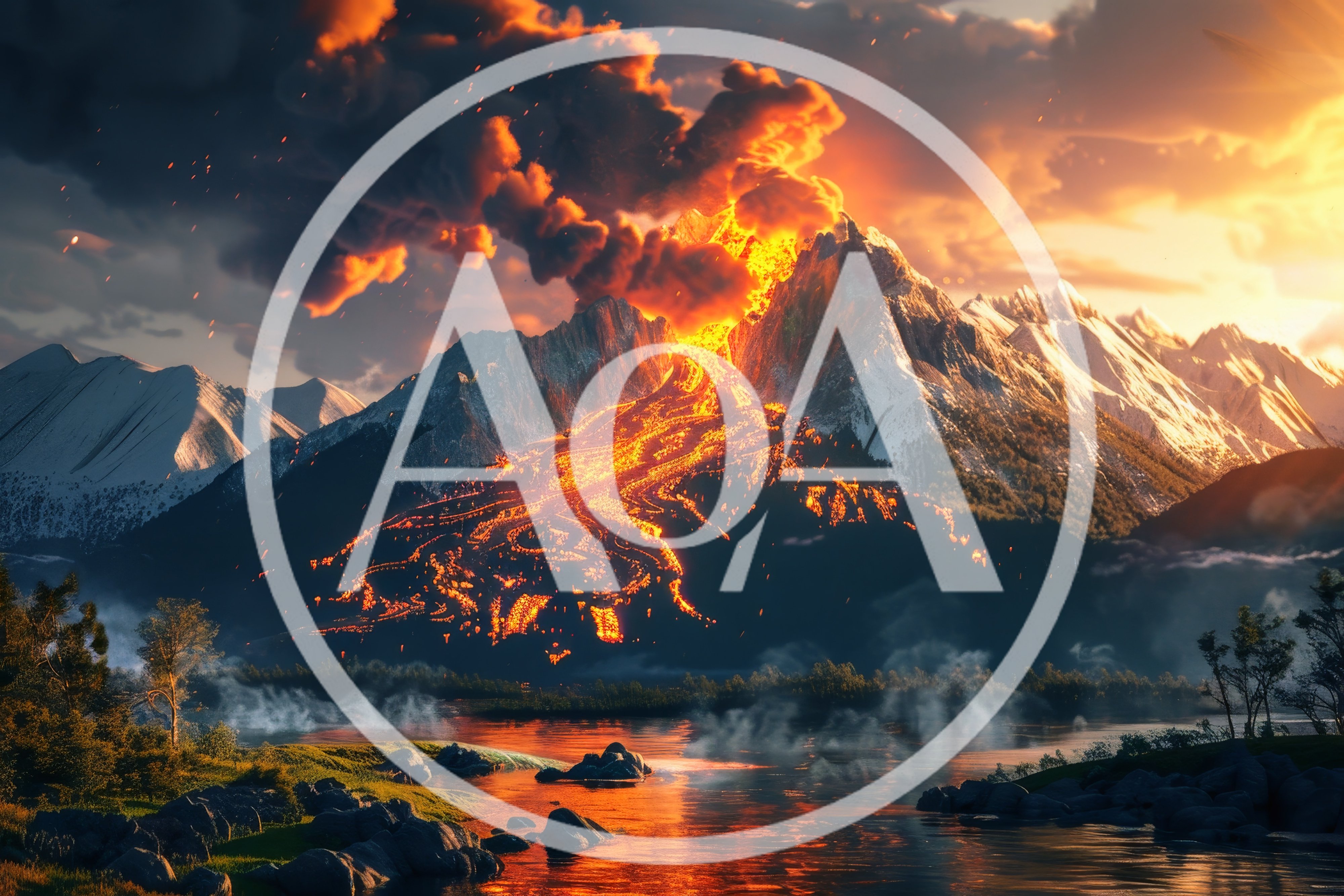 Volcanic Eruption Over Snowy Mountain Range At Sunset