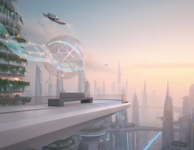 Futuristic Cityscape With Floating Structures And Flying Vehicles