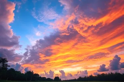 Vibrant Sunset Sky With Dramatic Clouds Over Silhouetted Trees