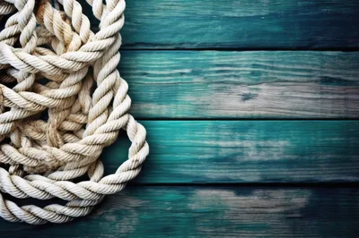 Coiled Nautical Rope On Weathered Teal Wooden Planks