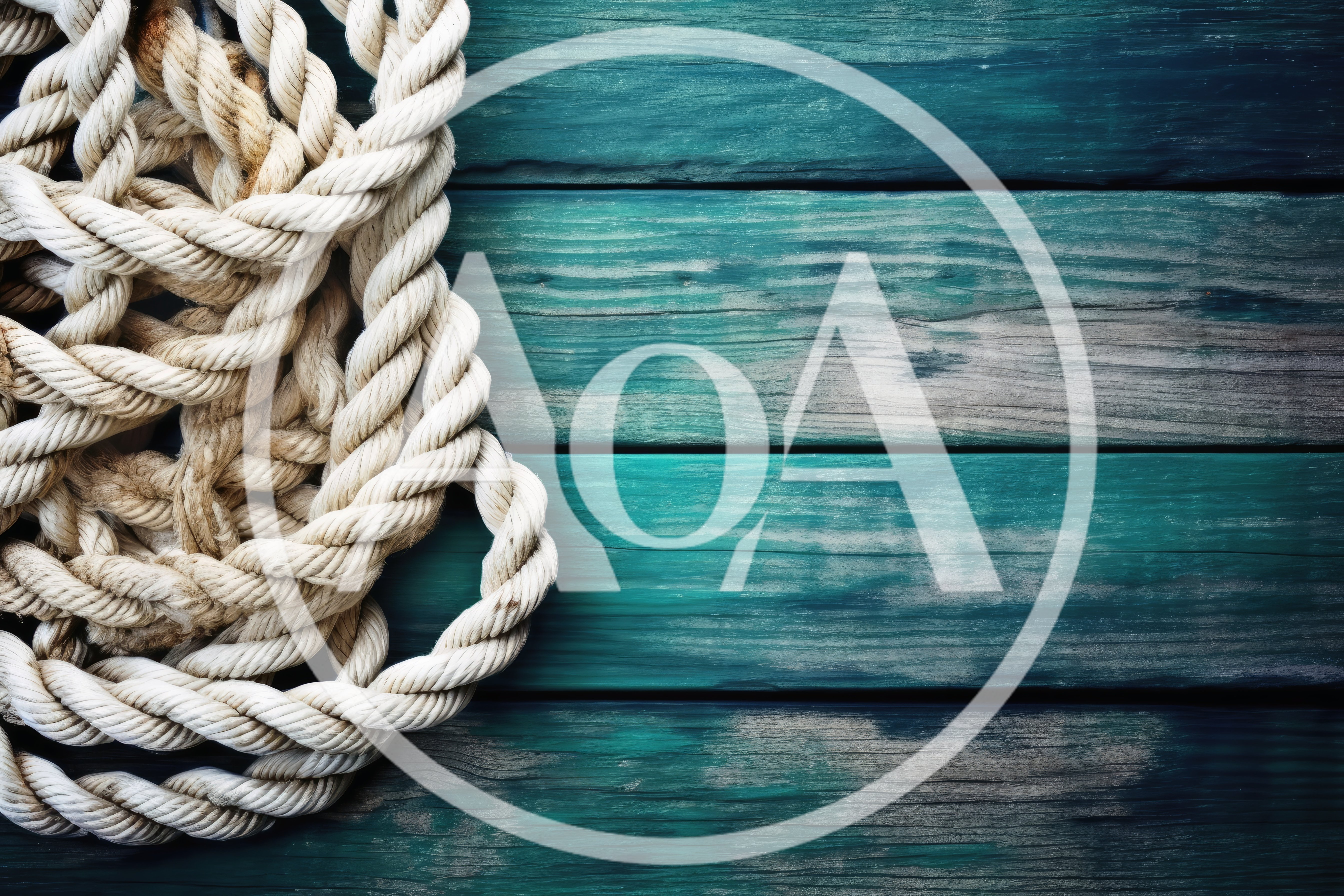 Coiled Nautical Rope On Weathered Teal Wooden Planks