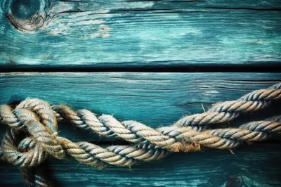 Thick Nautical Rope Tied On Weathered Teal Wooden Planks