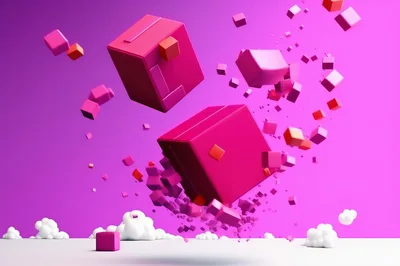 Abstract 3D Pink Cubes Exploding in Space