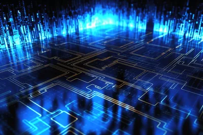 Abstract Digital Circuit Board With Glowing Data Streams