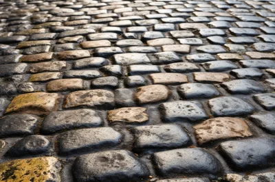 Close Up Of Wet Cobblestone Street Surface