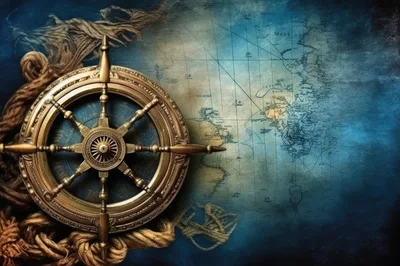 Antique Ship Wheel Over Vintage Nautical Map