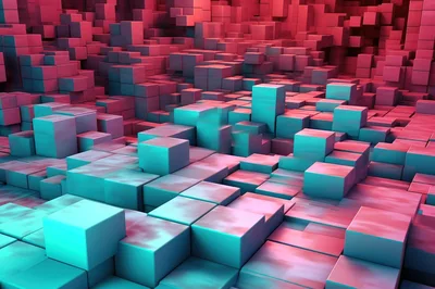 Abstract 3D Cubes With Neon Pink And Blue Lighting