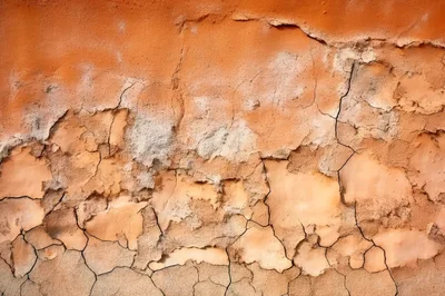 Weathered Orange Stucco Wall With Cracks And Peeling Paint
