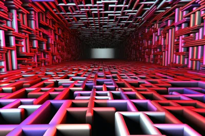 Abstract Digital Tunnel With Red And Purple Geometric Grid