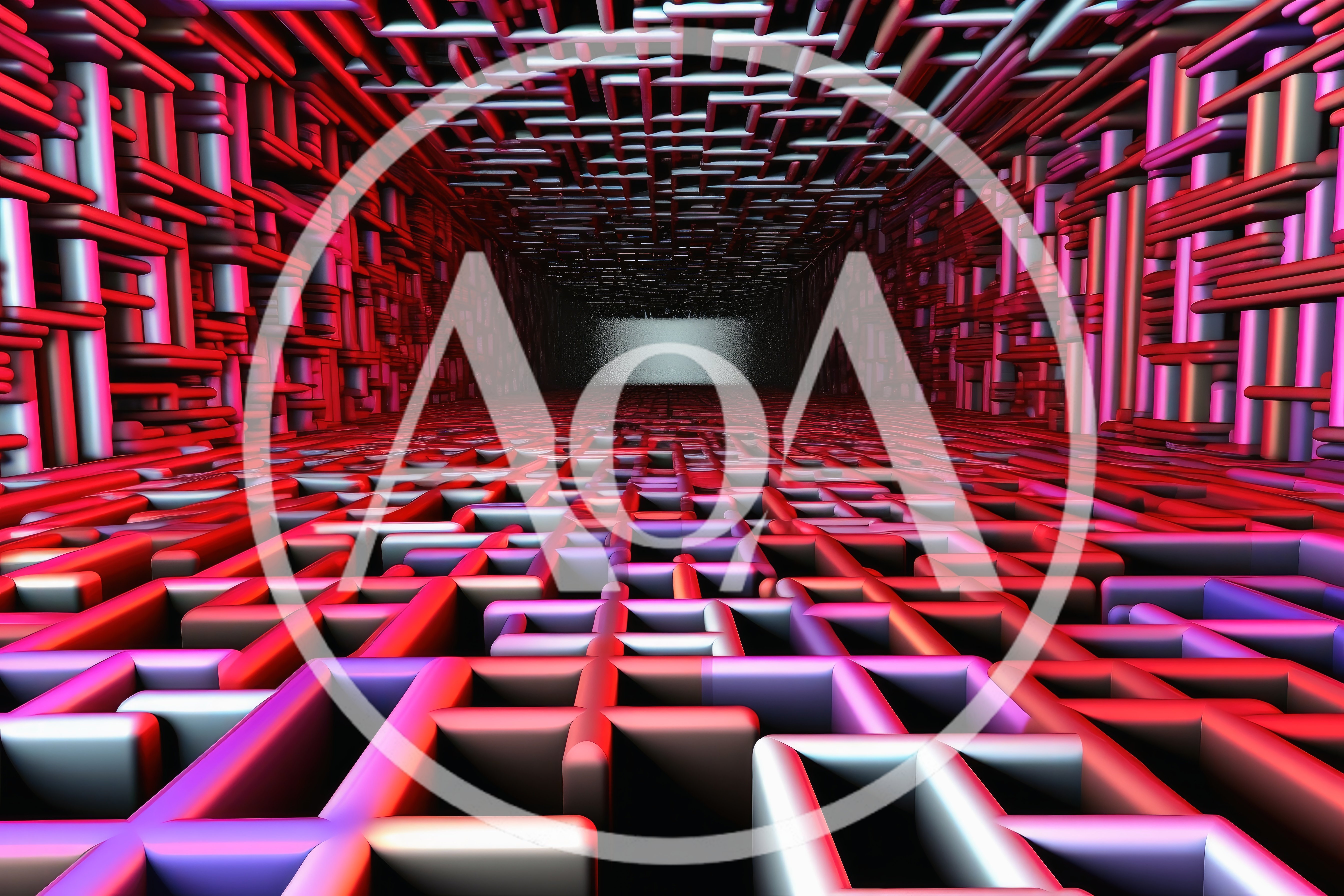 Abstract Digital Tunnel With Red And Purple Geometric Grid