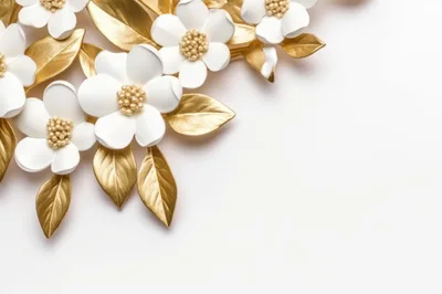 Decorative White Flowers With Gold Leaves On White Background