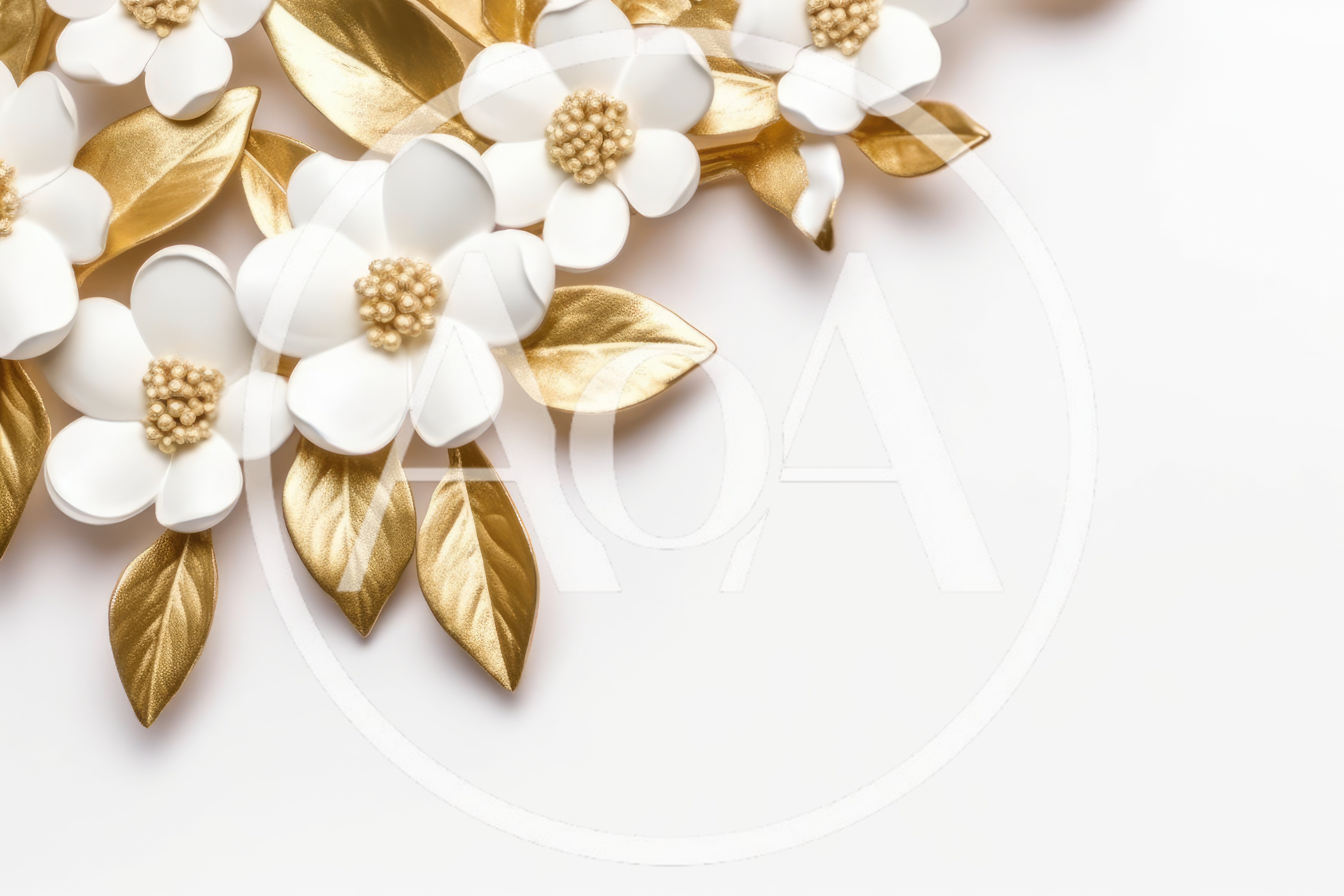 Decorative White Flowers With Gold Leaves On White Background