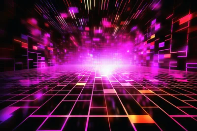 Abstract Neon Grid Tunnel With Glowing Digital Light