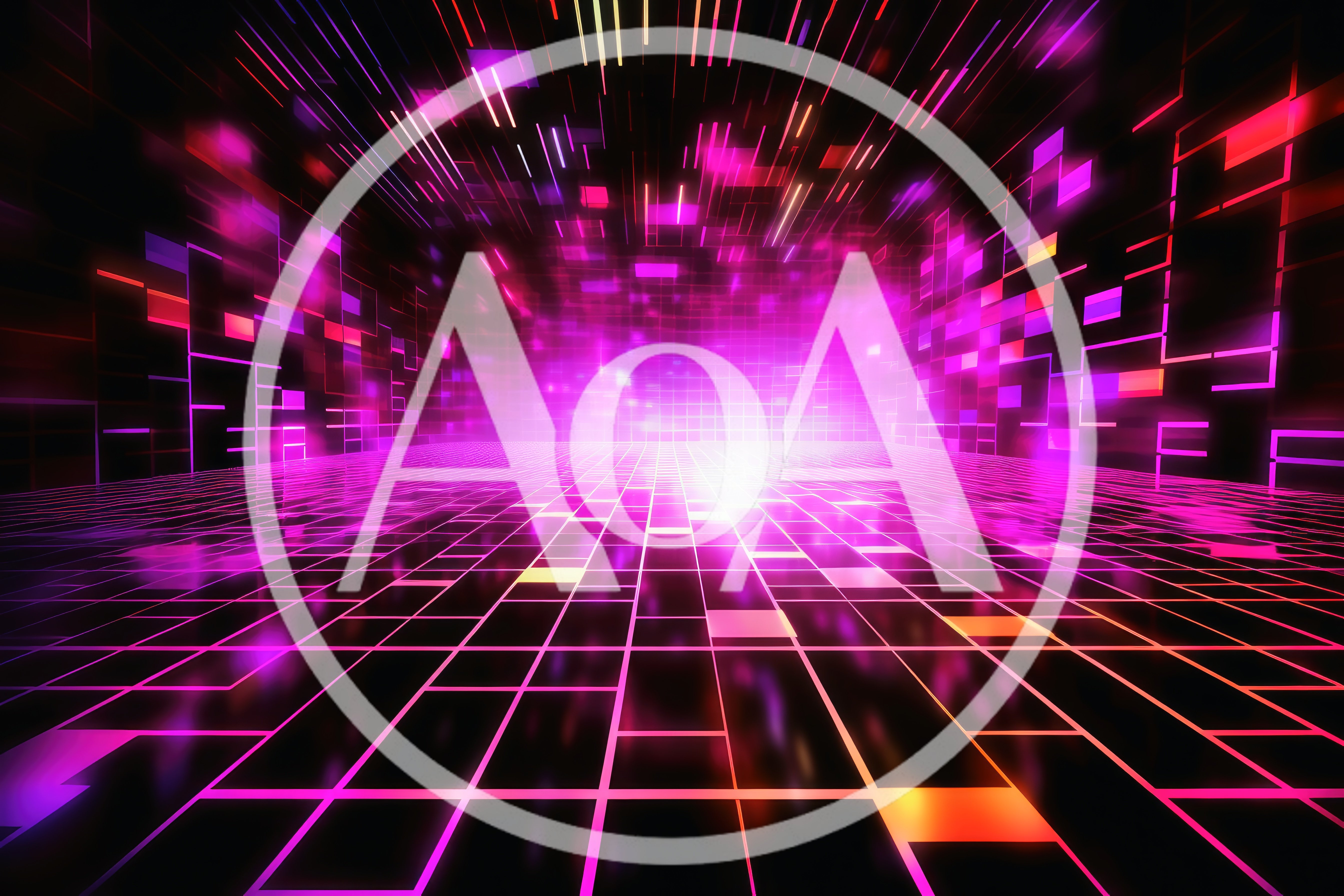 Abstract Neon Grid Tunnel With Glowing Digital Light