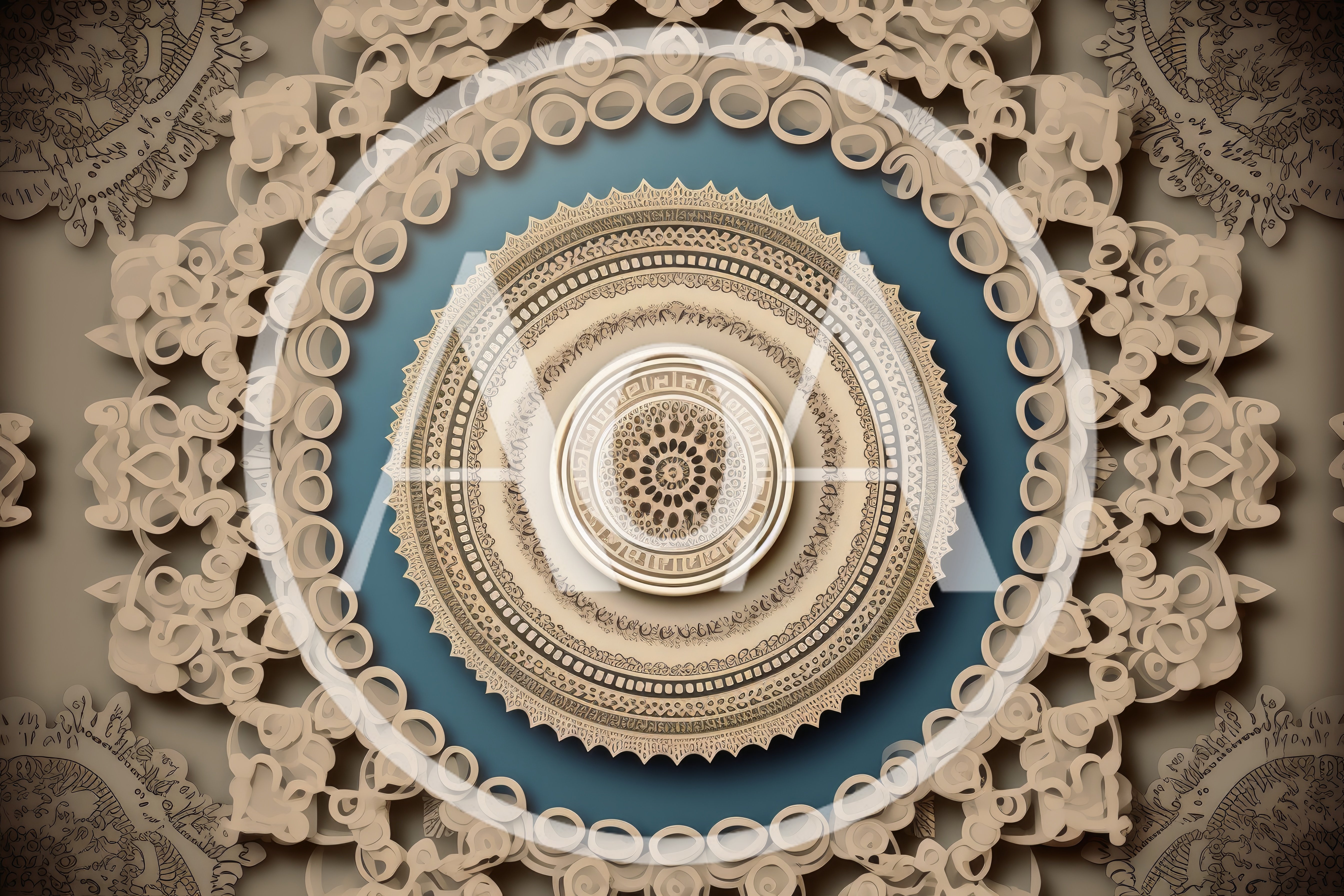 Intricate Beige Mandala Pattern On Blue Background