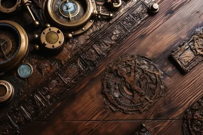 Steampunk Mechanical Artifacts Arranged On Dark Wooden Surface