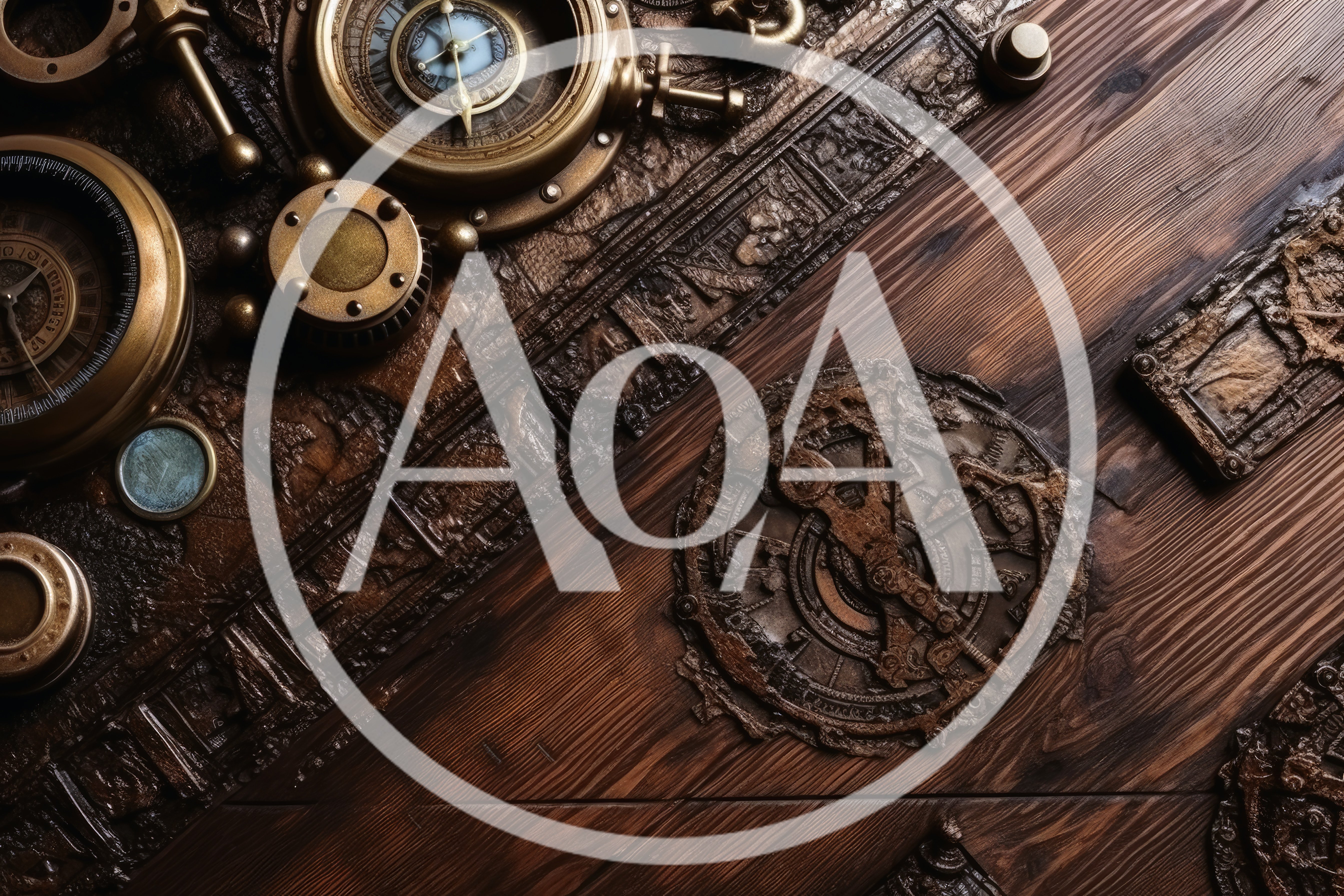 Steampunk Mechanical Artifacts Arranged On Dark Wooden Surface