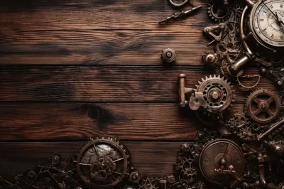 Steampunk Mechanical Gears And Clockwork Parts On Wood