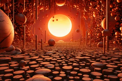Surreal Alien Landscape With Floating Spheres And Glowing Sun