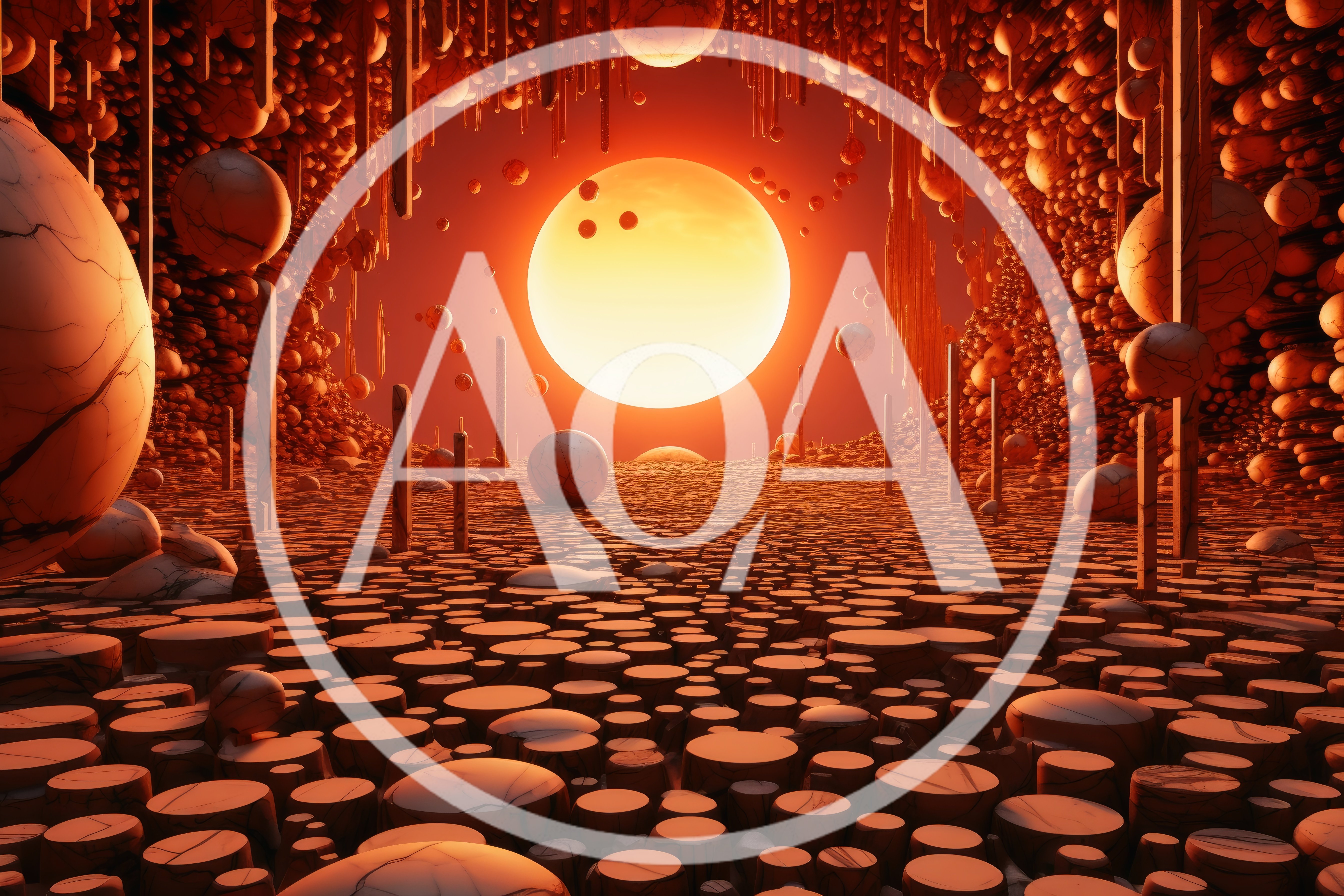 Surreal Alien Landscape With Floating Spheres And Glowing Sun