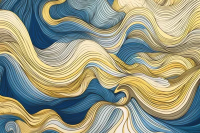 Abstract Flowing Waves With Blue And Gold Lines