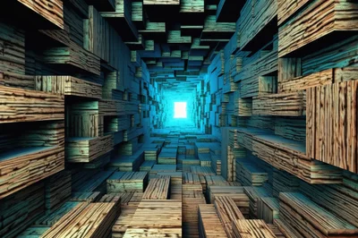 Abstract Tunnel Constructed From Stacked Wooden Blocks