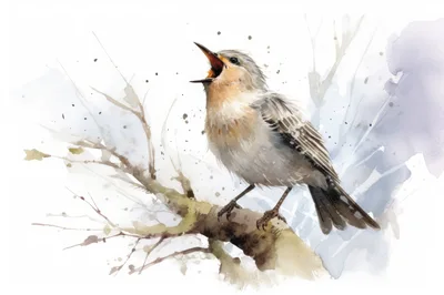 Watercolor Illustration Of A Singing Bird On A Branch