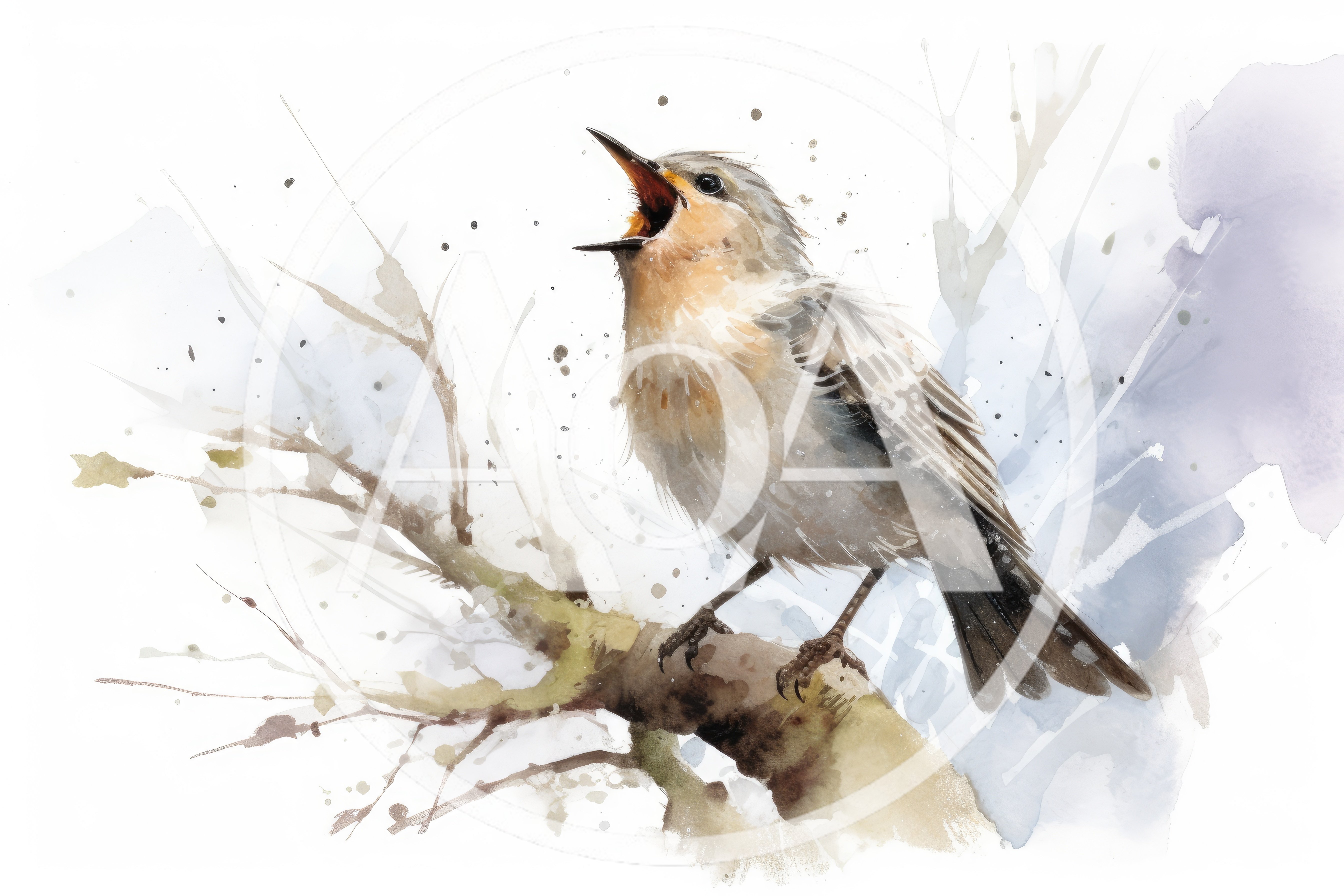 Watercolor Illustration Of A Singing Bird On A Branch