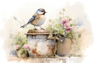 Watercolor Illustration Of A Small Bird On A Pot