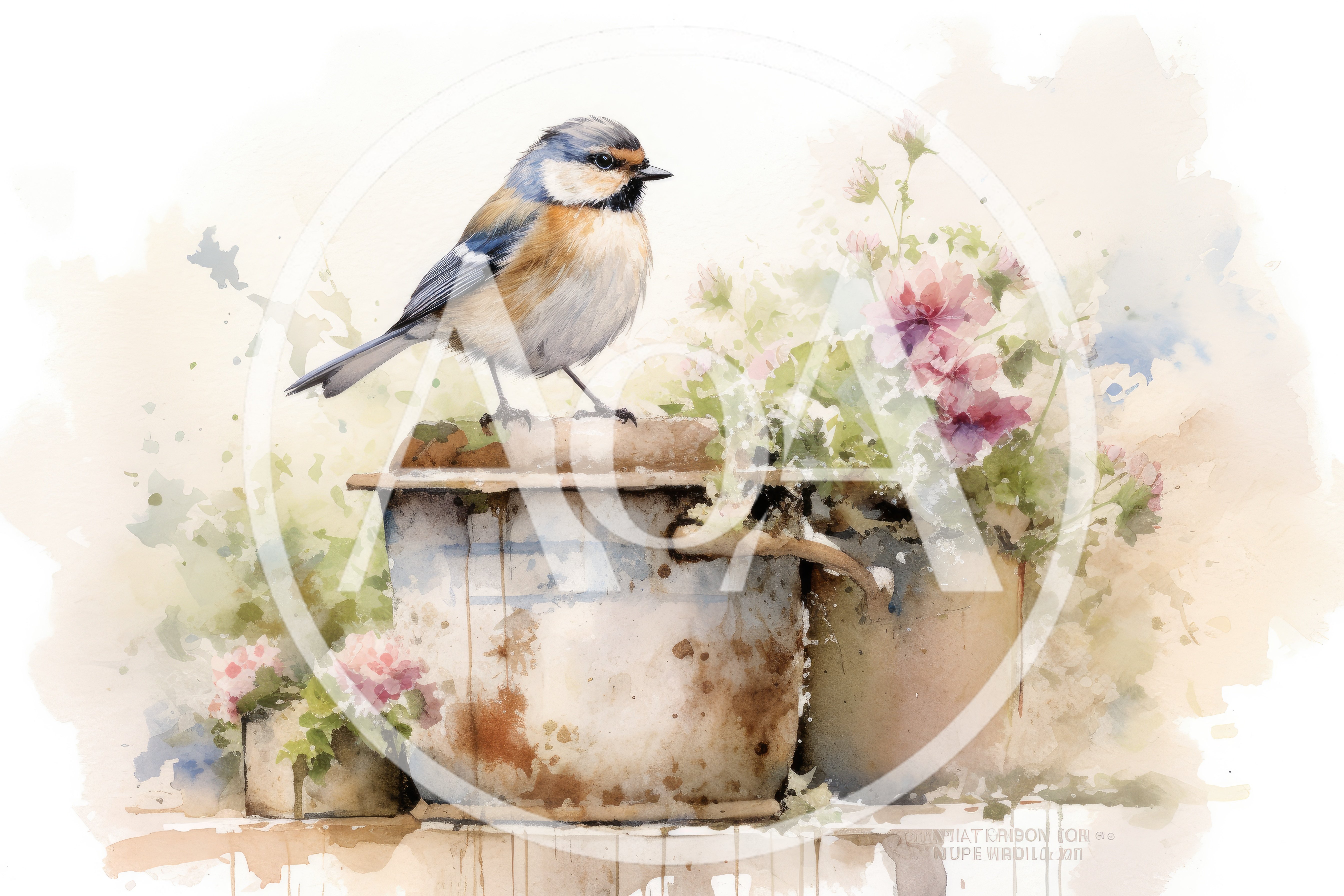 Watercolor Illustration Of A Small Bird On A Pot