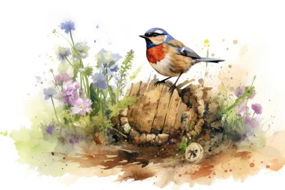 Watercolor Illustration Of A Small Bird On A Barrel