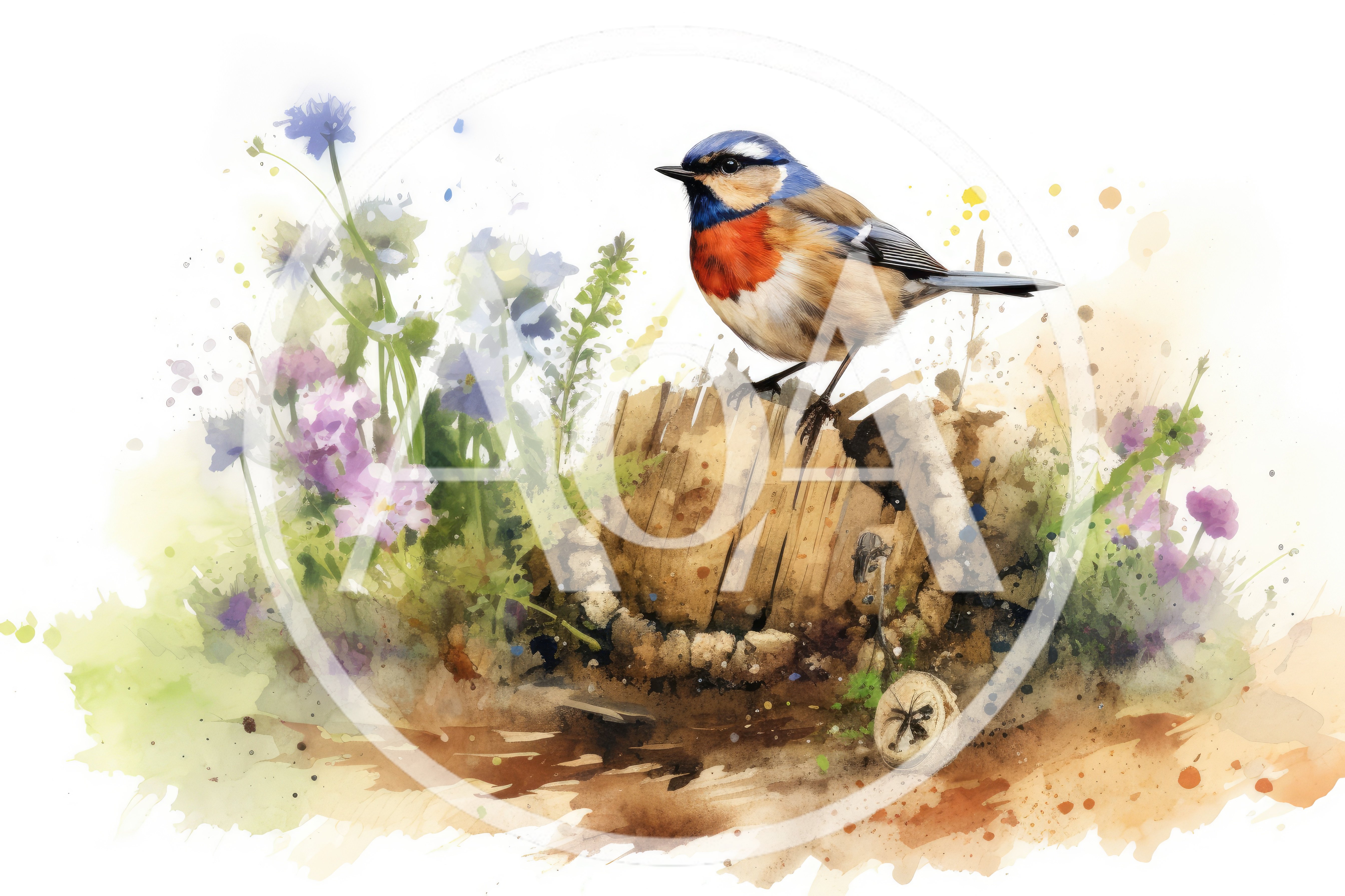 Watercolor Illustration Of A Small Bird On A Barrel