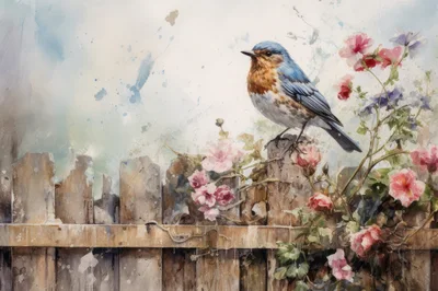 Watercolor Painting Of A Bluebird Perched On A Fence
