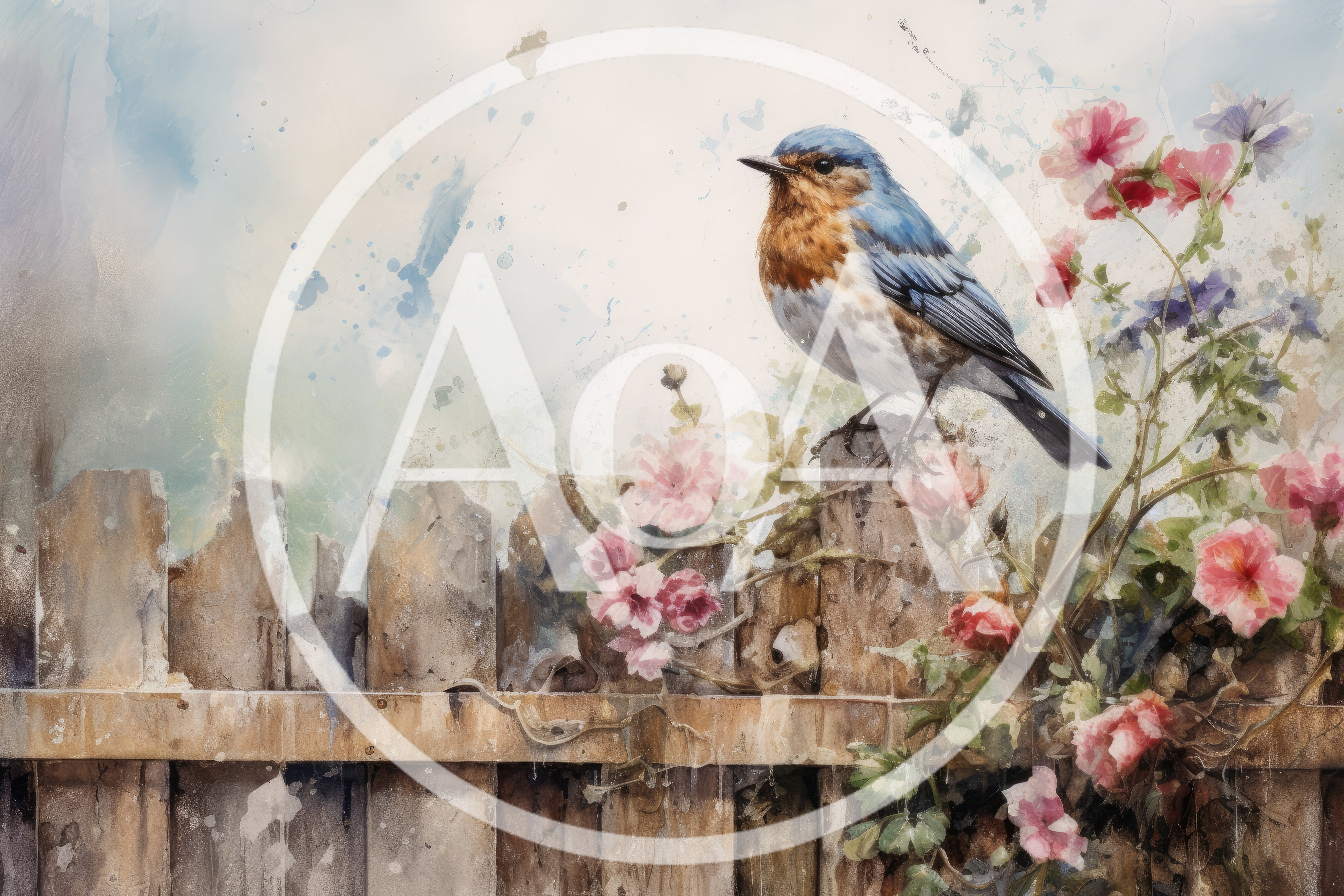 Watercolor Painting Of A Bluebird Perched On A Fence