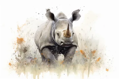 Watercolor Illustration Of A Charging Rhinoceros